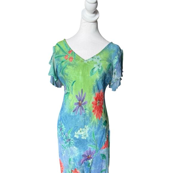 Vtg Silk Floral Dress Mermaid Asymmetrical Flutter Bias Cut Tropical Hawaiian - Picture 7 of 13